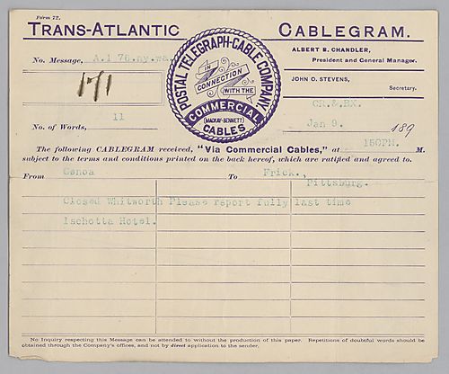 Carnegie writes from Cenoa, [Italy] to request a report on Whitworth and to give the name of the hotel where he is staying: Ischotta Hotel