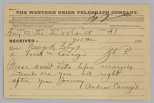 Carnegie writes to advise Frick to wait before arranging interests and asks if Frick is all right from his journey