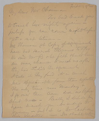 Carnegie writes to ask Frick to come for a meeting with Mr. Thomson and "Mr. R." Carnegie adds that afterwards he will return with Frick to Pittsburgh