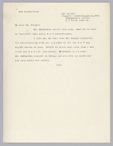 Carnegie writes on the purchase of Pittsburgh and Western Railroad stock and that, when the deal is finalized, aid should be given to thwart Baltimore and Ohio Railroad interference