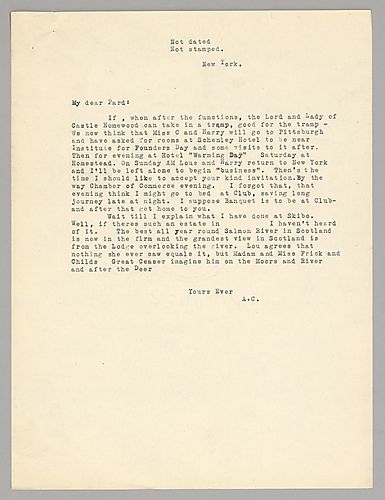 Carnegie writes from New York, [N.Y.] on visiting Pittsburgh and on his improvements to Skibo Caste in Scotland