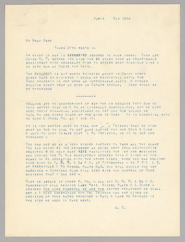 Carnegie writes on developing rail lines to Frick's coke ovens. He also advises Frick to be bold in defending these rail lines to other railroad companies