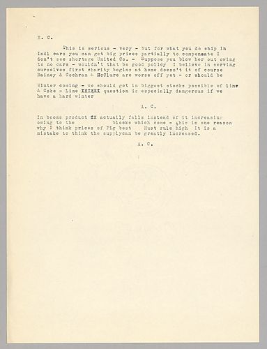 Carnegie writes on troubles in shipping as well as the need to stock up on lime and coke for the winter. In a handwritten post-script, Carnegie evaluates the pig iron market