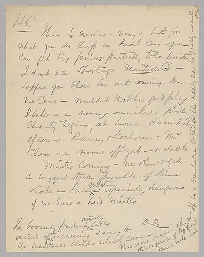 Carnegie writes on troubles in shipping as well as the need to stock up on lime and coke for the winter. In a handwritten post-script, Carnegie evaluates the pig iron market