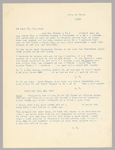 Carnegie writes on purchasing Pennsylvania and Western stock to control the company. He also writes on increasing share holdings in other companies as well