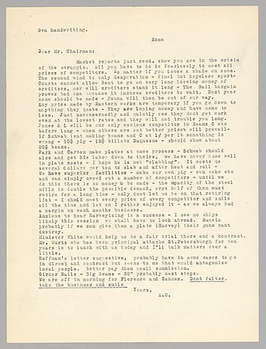 Carnegie writes from Rome, [Italy] to instruct Frick to meet all prices of competitors. He also discusses potential Russian armor contracts