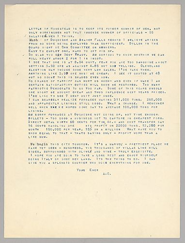 Carnegie writes on over-employment at Homestead, ore rates and shipping, and on the landscape where he is traveling
