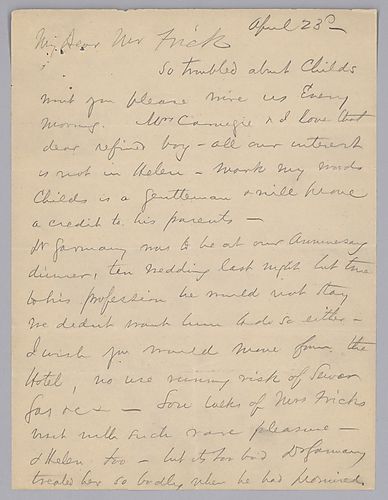Carnegie writes on Mr. Childs as well as Mr. Carnegie's various social engagements. In a lengthy post-script, Carnegie writes on ore agreements with Illinois Steel Company and on refusing to enter into a steel trust with Scranton