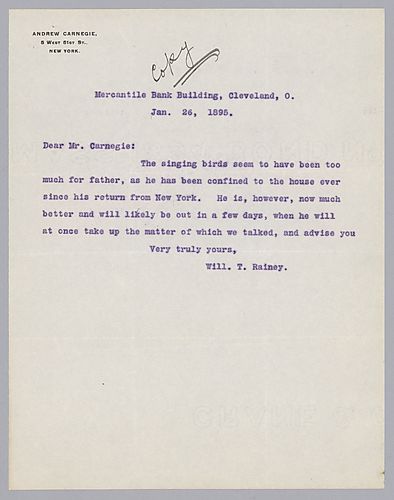 Rainey writes on Carnegie speaking with Mr. Rainey's father about a business deal. Attached in a typed letter signed, dated January 28, 1895, in which Carnegie sends his condolences for the senior Rainey's poor health and then writes that he looks forward