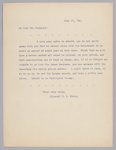 Frick writes his desire to await Carnegie's October return before accepting the armor plating offer