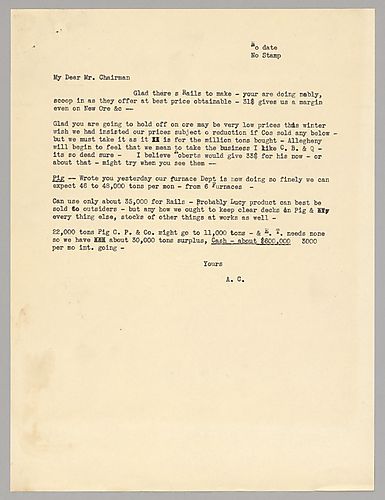 Carnegie writes on rail production, falling ore rates, and the pig iron market with current production