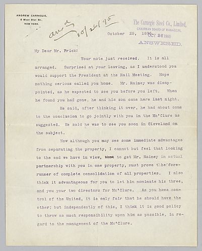 Carnegie writes to Frick about meeting he had with Rainey regarding the management of Mc'Clure