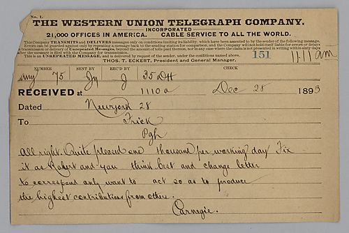 Carnegie telegrams to Frick from New York saying he's "quite pleased one thousand per working day" and wanting to act "so as to produce the highest contributions from others."