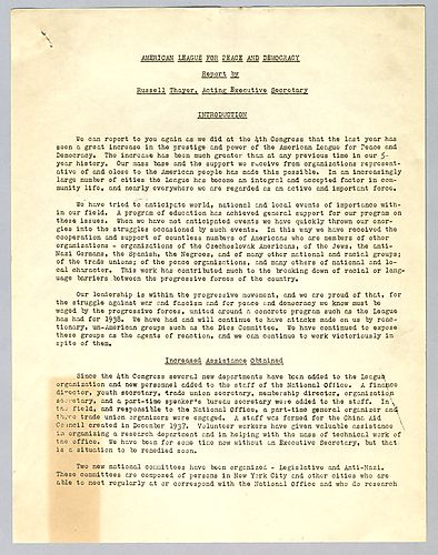 "American League for Peace and Democracy Report" by Russell Thayer, Acting Executive Secretary