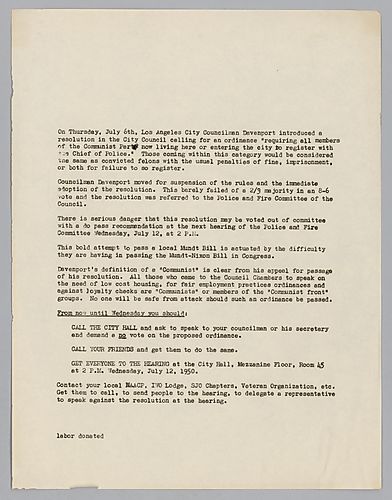 Flyer Instructing Communists to Take Action Against Los Angeles City Councilman Davenport