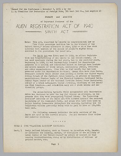 "Summary and Analysis of Important Features of the Alien Registration Act of 1940, Smith Act"