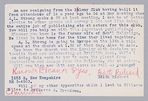 Note of Resignation to the Belamy Club from Edith Rickard