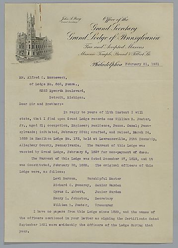 From the Grand Lodge of PA to Alfred Morneweck