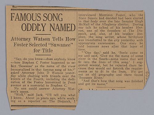 "Famous Song Oddly Named: Attorney Watson Tells How Foster Selected "Suwanee" for Title"