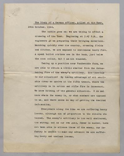 World War I notes - diary of a German officer killed at the Yser