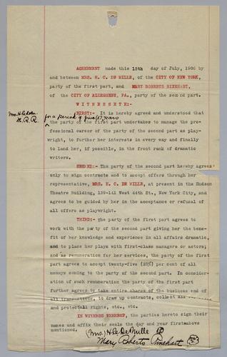 Agreements with Mrs. H.C. (Beatrice) DeMille, Cecil B. DeMille, and the DeMille Company regarding dramatic works