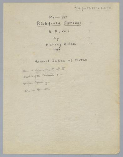 Richfield Springs: Handwritten Holograph (Notes, General Approach, Outline, Headings)