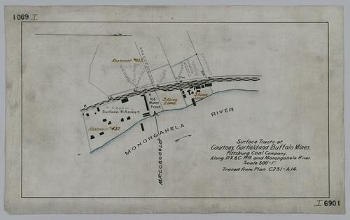 Plan showing surface tracts at Courtney, Garfield, and Buffalo Mines along Pittsburgh, Virginia & Charleston Railroad and Monongahela River