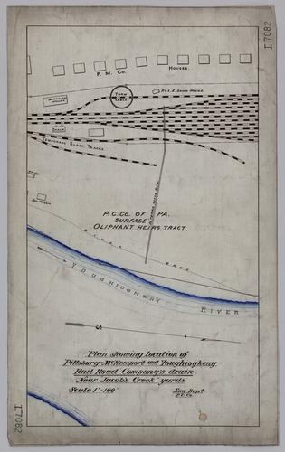 Plan showing location of Pittsburgh, McKeesport & Youghiogheny Railroad's drain near Jacobs Creek yards