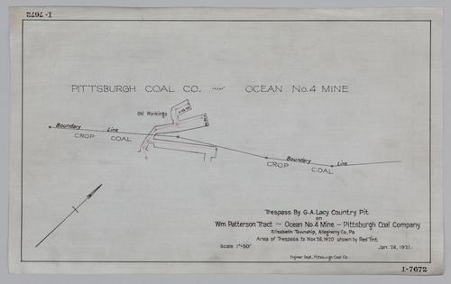 Plan showing trespass by G. A. Lacy country pit on the William Patterson tract of Ocean No. 4 Mine, Pittsburgh Coal Co.