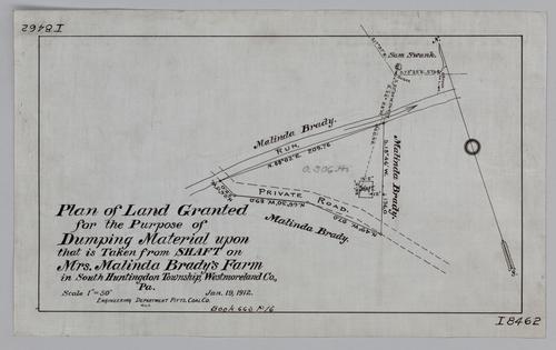 Plan of land granted for the purpose of dumping material upon that is taken from shaft of Mrs. Malinda Brady's farm