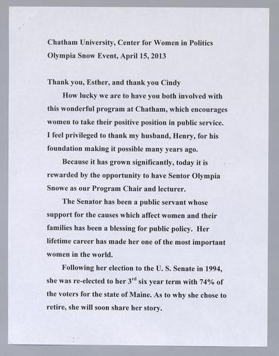 Chatham University, Speech Honoring Olympia Snowe