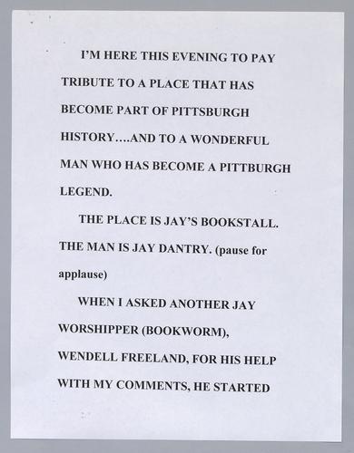 Dantry, Jay, Speech given in honor of Jay Dantry's Bookstand