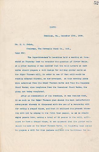 Gayley, Schwab, and Morrison write to Frick on their position that Edgar Thomson Works would be ideal to manufacture girder rails