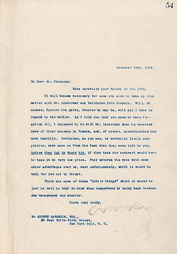 Frick writes on Mr. Linderman, the Bethlehem Iron Company, and the Russian armor contracts