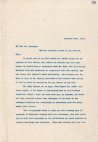 Frick encloses a letter from Mr. Knox to Carnegie, and advises him to have a conference with Mr. Knox on the armor plate matter