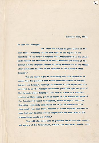 In letter enclosed by Frick, Knox states that Carnegie should not worry about errors in a congressional report because they will be changed, and it should not jeopardize future government contracts