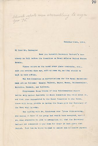 Frick writes on committee hearings and Secretary Herbert's testimony