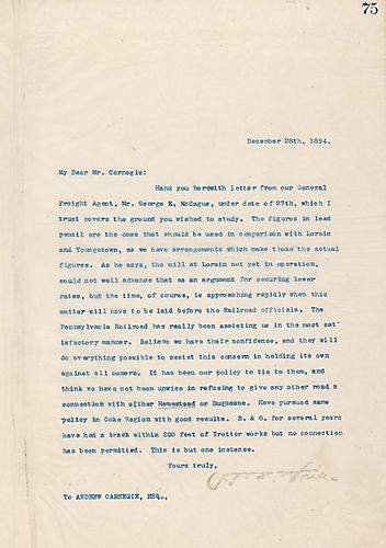 Frick includes a letter from their Freight Agent, Mr. George R. McCagus, and writes on rail rates