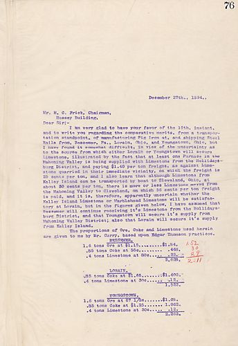 McCagus to Frick who does a transportation comparison on manufacturing pig iron and shipping steel rails from Bessemer, Pa, Lorain, Ohio, and Youngstown, Ohio