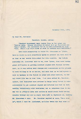Frick writes on Hunsiker's telegram about a possible Swedish contract, and on the company's relations with Bethlehem on this deal