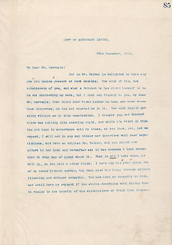 Frick seems upset that Carnegie has excluded him from negotiations with Mr. Rainey on matters related to Frick Coke Company