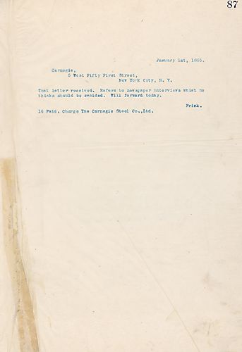 Frick wires Carnegie telling him he received a letter and that it refers to newspaper interviews, which he thinks should be avoided