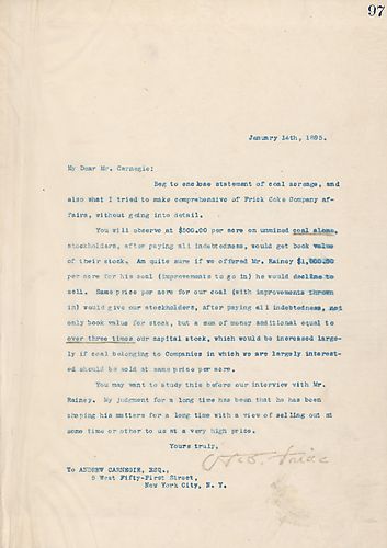 Frick writes on coal acreage and Frick Coke Company affairs