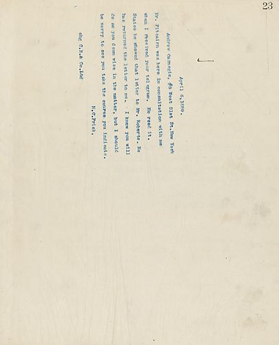 Frick wires Carnegie about his conversation with Mr. Pitcairn. Pitcairn states he showed a letter to Mr. Roberts and returned it to Frick. Frick understands Carnegie's course of action, but is regretful about it