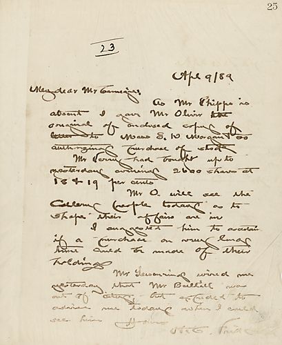 Frick writes that he gave Mr. Oliver the letter to Measrs. E. D. Morgan to authorize purchase of stock [for Pittsburgh & Western Railway Co.]