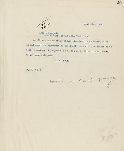 Frick wires Carnegie about Mr. Oliver being confident in his election