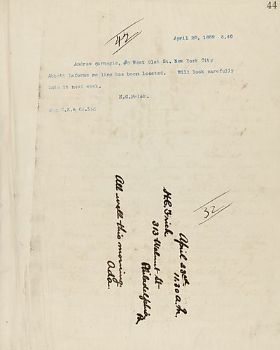 Frick wires Carnegie on Abbott informing him that a line has been located and that he will look into in it next week