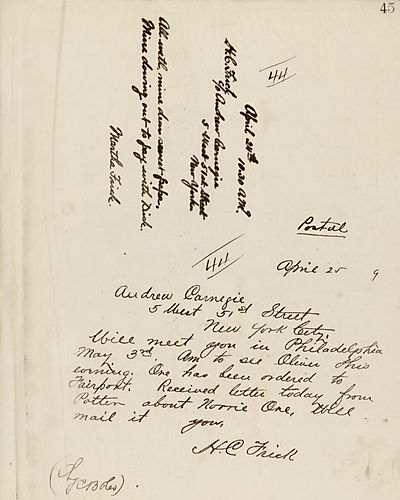 Frick wires Carnegie telling him that he'll meet Carnegie in Philadelphia on May 3rd and that Mr. Potter sent Frick a letter about Norrie Ore