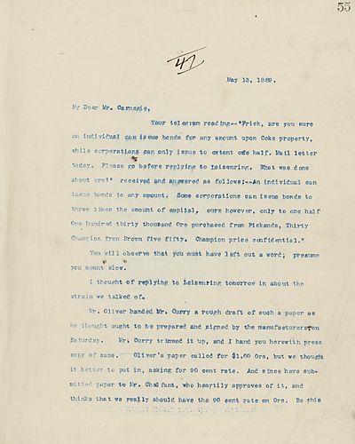 Frick addresses Carnegie's concerns about stock purchasing, that individuals can issue bonds to any amount, while corporations are limited