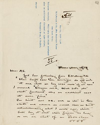 Frick writes to Carnegie on E.D. Morgan's telegram message that asked Frick if he wanted to purchase additional stock, and Frick includes his telegram response that confirms the purchase of the additional stock